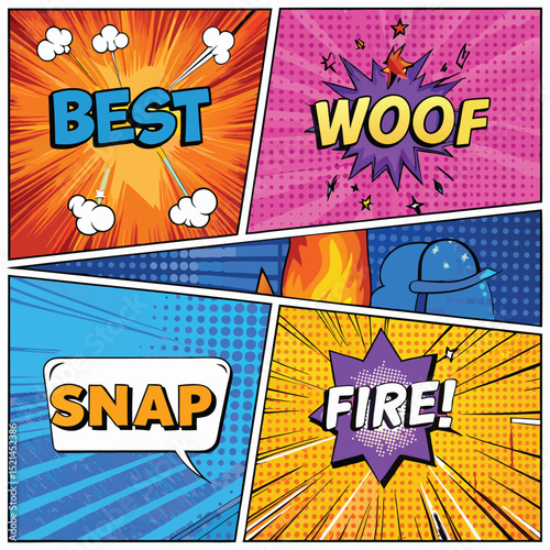 Best Woof Snap Fire Comic PNG | Comic Sound Effects, Fun Onomatopoeia, Pop Art Illustration