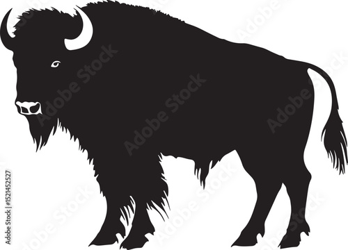 Bison Standing Strong stance, head raised, body steady, tail relaxed, black silhouette vector.