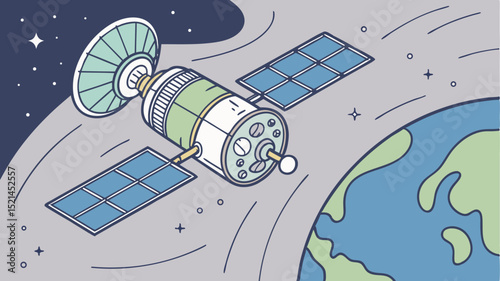 Satellite orbiting earth with solar panels and antenna in space with stars and atmospheric lines
