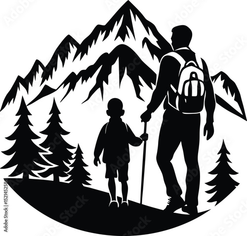 Father and Child Hiking in Mountain Landscape
