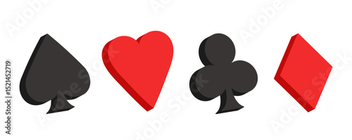 Card suits 3d. Hearts, clubs, diamonds, spades. Set of vector icons isolated on white background.