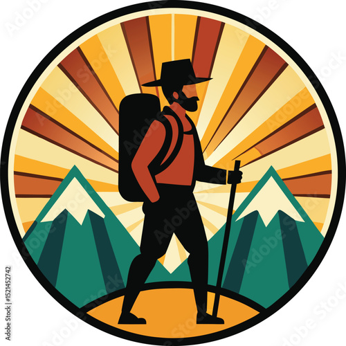 Mountain Hiker with Backpack and Walking Stick Silhouetted at Sunrise