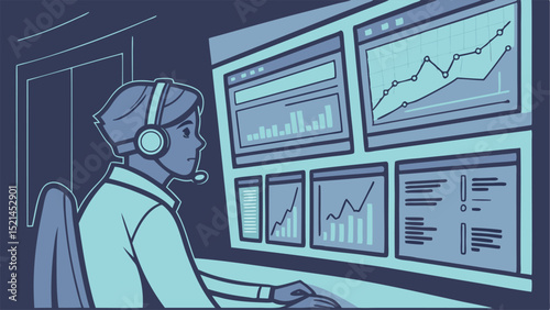 Person monitoring data on multiple screens with charts and graphs wearing a headset in a dark room setting
