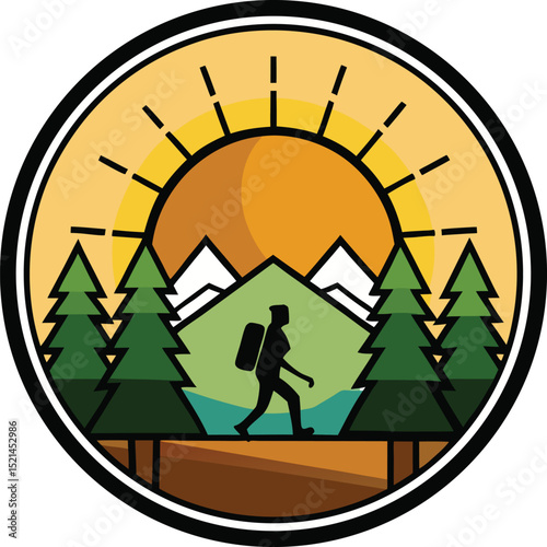 Sunrise Hiker in Mountain Forest with Backpack