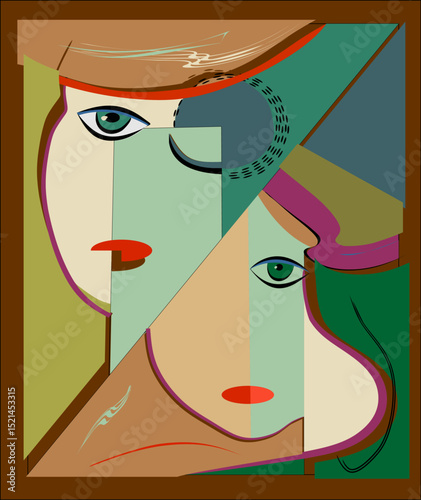 A geometrically stylized portrait is depicted, showcasing two overlapping faces in a cubist manner