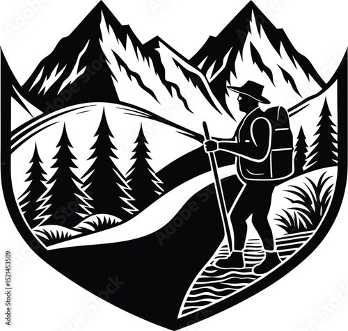 Hiker Exploring a Mountainous Forest Landscape