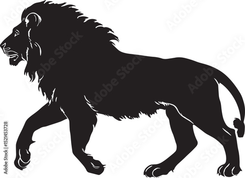 Lion Walking One paw lifted, body in mid-stride, mane flowing. full length silhouette black vector illustration
