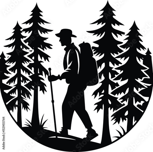 Silhouette of a Hiker in a Forest