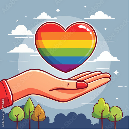 Png illustration in flat simple linear style - hand and pride LGBT rainbow heart - Icon and symbol for sticker, print, banner