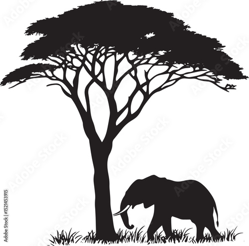 Eating Trunk curled around a tree or grass, head bent down. full length silhouette black vector illustration