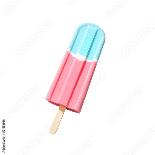 A popsicle with two colors, the top half is light blue and the bottom half is white , on a wooden stick, isolated on a png background