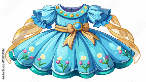 Charming sky blue organza dress with puffed sleeves, ribbon waist, and floral appliqué, captured in a front-facing view with white background for a cute and whimsical vector scene.

