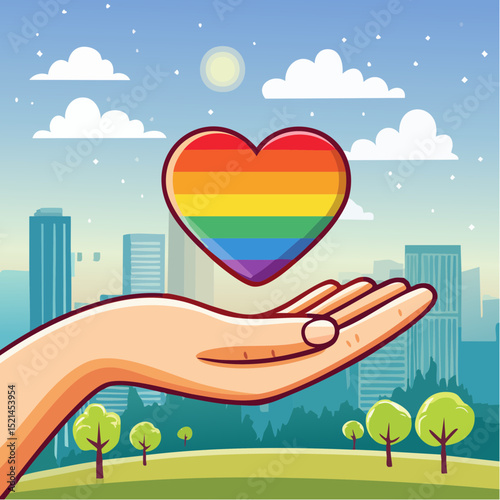 Png illustration in flat simple linear style - hand and pride LGBT rainbow heart - Icon and symbol for sticker, print, banner
