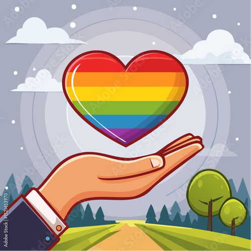 Png illustration in flat simple linear style - hand and pride LGBT rainbow heart - Icon and symbol for sticker, print, banner