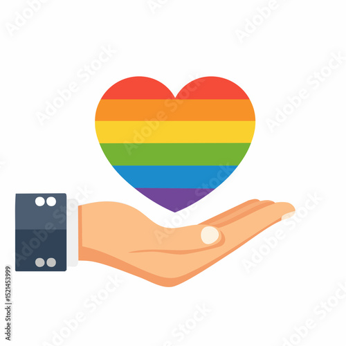 Png illustration in flat simple linear style - hand and pride LGBT rainbow heart - Icon and symbol for sticker, print, banner