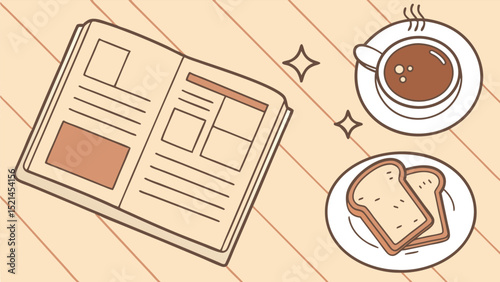 Illustration of an open newspaper with coffee and toast on a wooden surface with sparkles around it