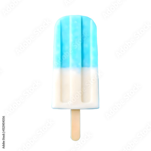 A popsicle with two colors, the top half is light blue and the bottom half is white , on a wooden stick, isolated on a png background