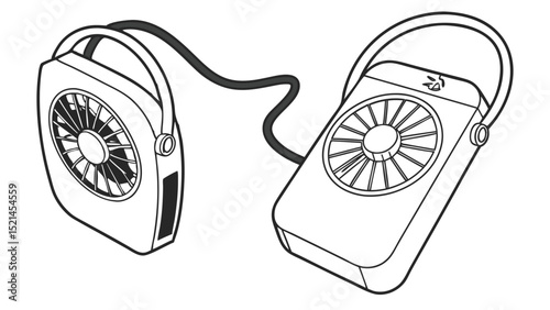 Illustration of two portable fans connected by a cable, each with a handle and visible fan blades