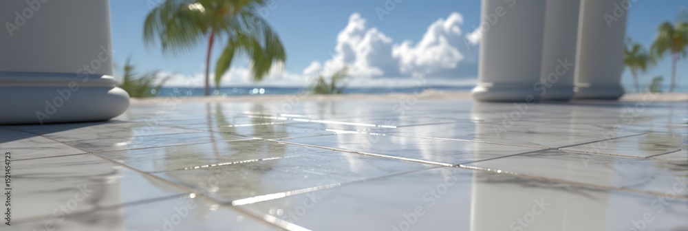 Fototapeta premium glossy ceramic tile surface with soft tropical beach blur behind