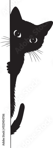 Cat Curiously Observing Silhouette A cat's head and paws extending out inquisitively from behind a corner, complete black vector silhouette design.
