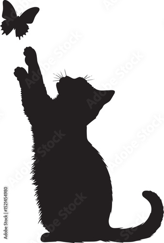 Catching a Butterfly Silhouette A cat reaching up with both paws. full length silhouette black vector illustration