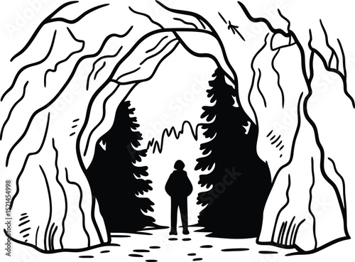 Figure at Cave Entrance Overlooking Forested Mountains