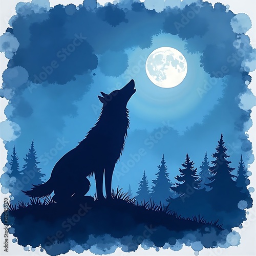 Wolf Howling at the Full Moon Silhouette in a Forest Night