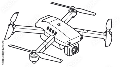 Outline drawing of a drone with four propellers and a camera mounted underneath the main body structure