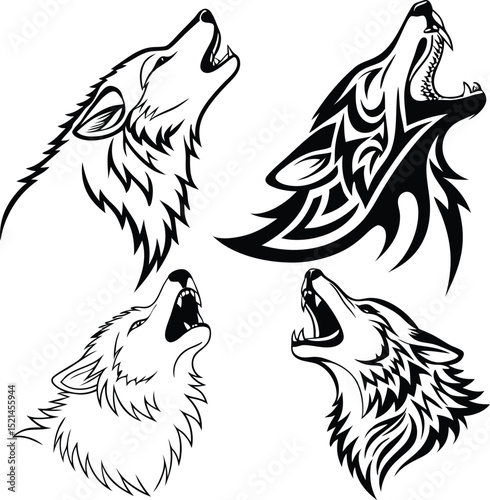Four stylized howling wolf heads in black and white