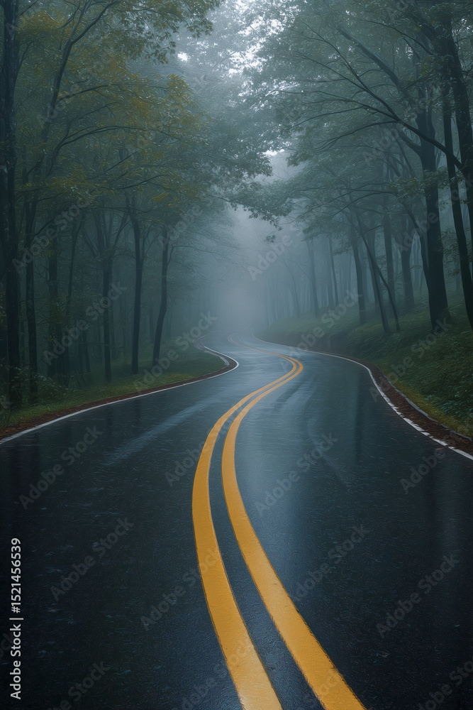 Fototapeta premium driving through the forest road in the fog
