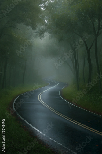 driving through the forest road in the fog