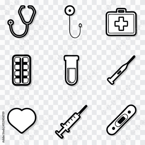 Medical Icon Set in Outline PNG | Healthcare, Hospital, Health Symbols, Line Art photo