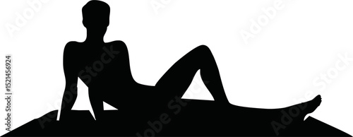 A silhouette of a people sunbathing on the beach, minimal vector style, white background, black shape only