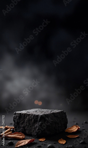 Black Charcoal Stone with Autumn Leaves on Dark Smoky Background