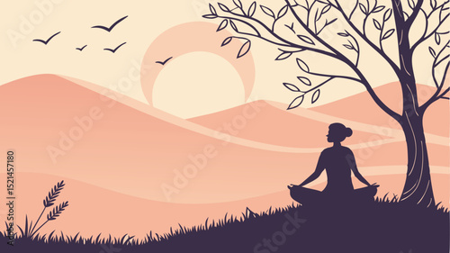 Silhouette of a woman meditating under a tree with mountains and birds in the background at sunset scene