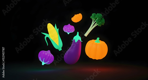 Assorted Vegetables Arranged on Black Backdrop in a Glowing Style Render