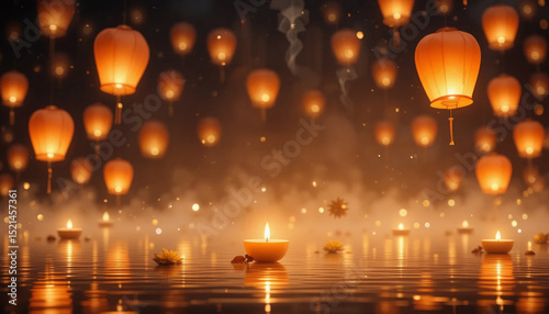 Serene Floating Lanterns and Candles on Water with Misty Background