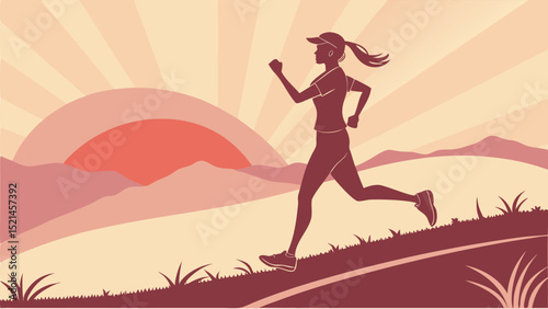 Silhouette of a woman jogging uphill against a backdrop of mountains and a rising sun in a stylized scene