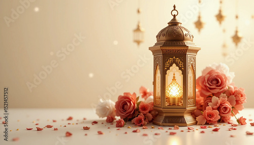 Elegant Lanterns with Warm Light and Rose Petals on Soft Background