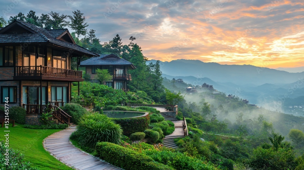 Obraz premium A serene mountain landscape with a wooden house and a swimming pool at sunset, surrounded by lush greenery and misty mountains.