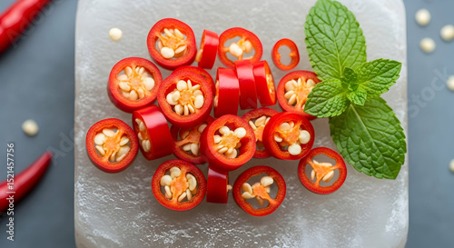 Sliced Red Chilies with Mint Leaf On Ice Block Presentation