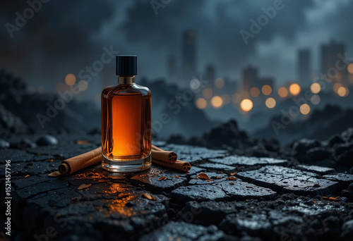 Mysterious Fragrance Bottle with Cinnamon Sticks on Dark Urban Setting