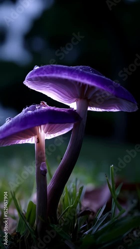 Two purple mushrooms growing in grass, illuminated from below, with water droplets on the mushroom caps in a garden.