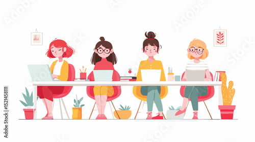 Four women working together in a modern office, using laptops, reading documents and sharing ideas in a collaborative workspace