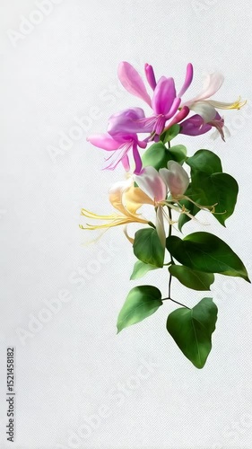 Stylized honeysuckle plant with pink, white and yellow blossoms against a plain white backdrop with leafy green foliage