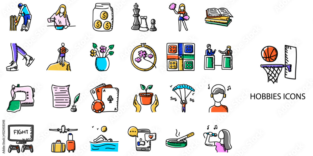 Fototapeta premium Hobbies simple concept 24 hand drawn color icons set .Vector illustration.