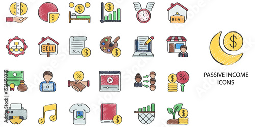 Passive income simple concept 24 hand drawn color icons set .Vector illustration.
