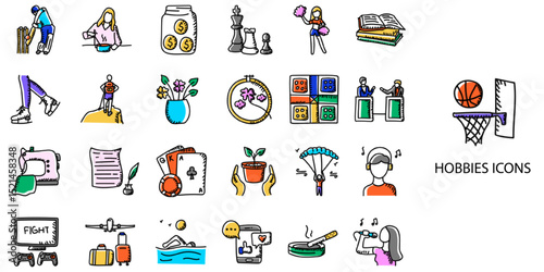 Hobbies simple concept 24 hand drawn color icons set .Vector illustration.