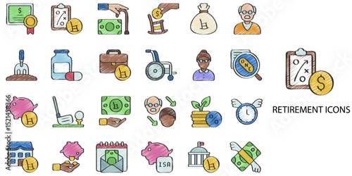 Retirement simple concept 24 hand drawn color icons set .Vector illustration.