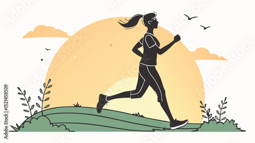 Silhouette of a woman running outdoors with a ponytail under a bright sun and flying birds, on a hill